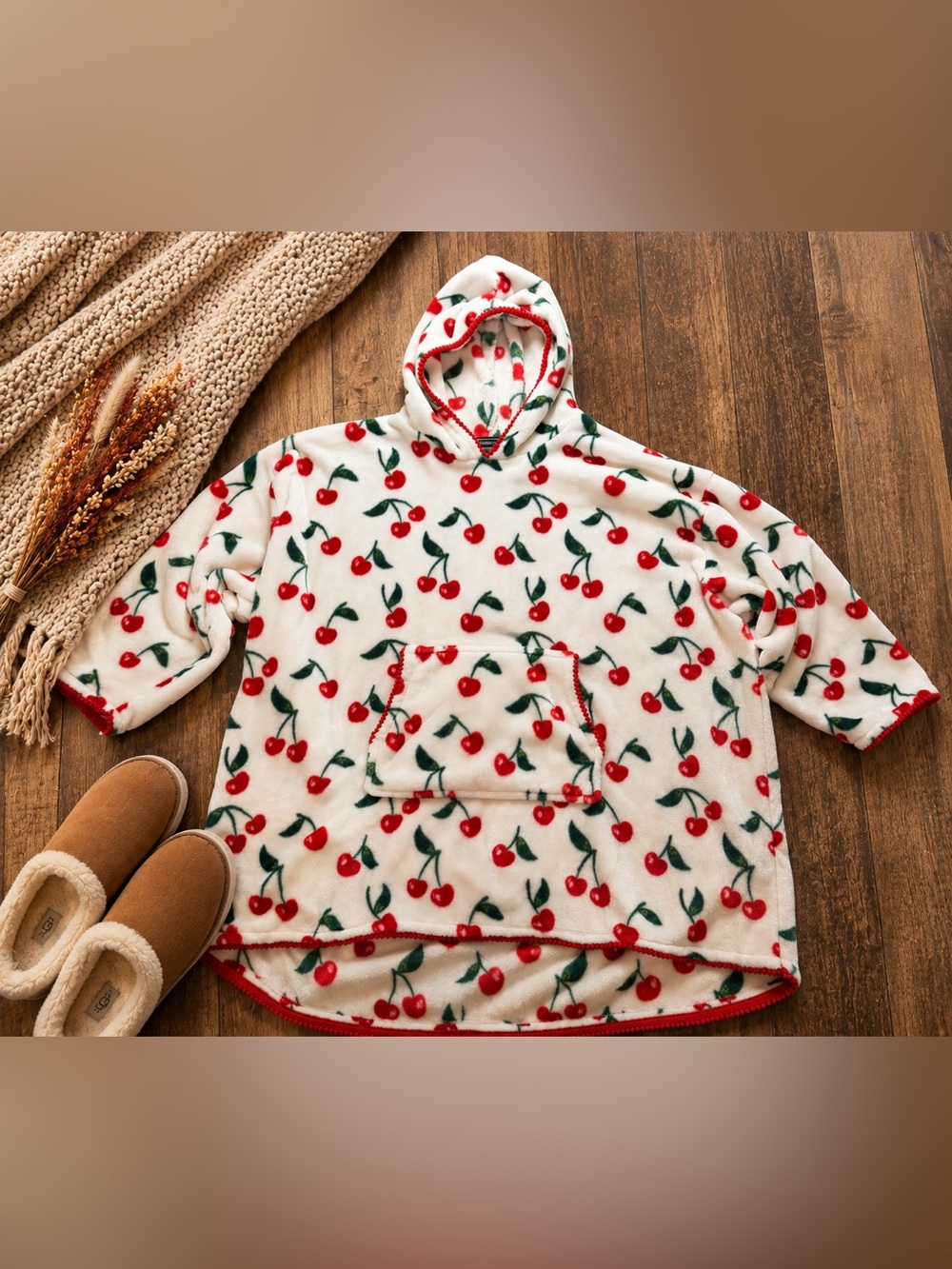 Throwzy by Mario Lopez Cherry Print Plush Hooded Lounge Pullover One Size Cozy